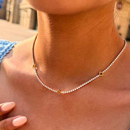Colliers à maillons pour femmes, style trèfle, en acier inoxydable imperméable, couleur or, ornés de zircon, pour un usage quotidien. 2