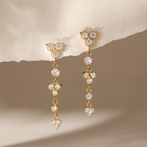 Boucles D'Oreilles Pendantes Pour Femme, Élégantes, En Acier Inoxydable, Couleur Or, Avec Pompon Et Fleur, Ornées De Zirconiums Et Imperméables, Collection Romantique h5 Image2
