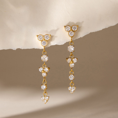 Boucles d'oreilles pendantes pour femme, élégantes, en acier inoxydable, couleur or, avec pompon et fleur, ornées de zirconiums et imperméables, collection romantique 2