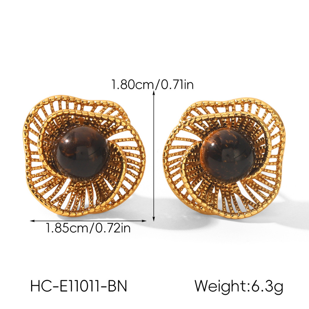 Boucles D'Oreilles Puces Pour Femmes, Style Rétro Simple, Forme Elliptique Irrégulière, Acier Inoxydable, Couleur Or, Imperméables, Avec Pierre Naturelle Image2