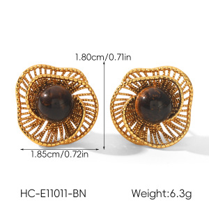 Boucles D'Oreilles Puces Pour Femmes, Style Rétro Simple, Forme Elliptique Irrégulière, Acier Inoxydable, Couleur Or, Imperméables, Avec Pierre Naturelle h5 Image2