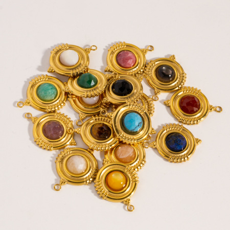 Pendentifs ronds en acier inoxydable, étanches, couleur or, avec pierre naturelle, pour femmes, collection classique à faire soi-même 2