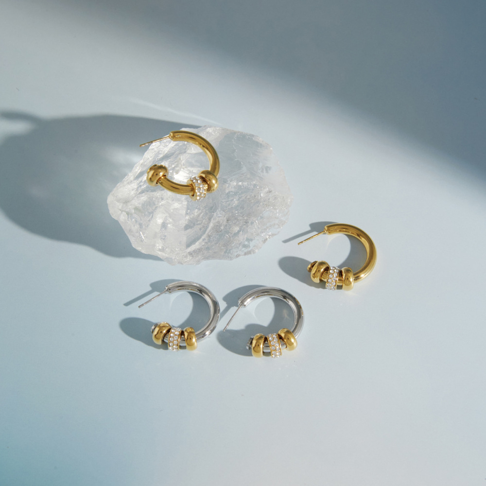 Boucles D'Oreilles Puces Élégantes Et Rondes En Acier Inoxydable Doré Et Zircon, Pour Femmes, Collection Luxueuse. h5Image4