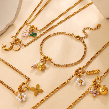 Ensembles de bijoux pour femmes Daily Flower en acier inoxydable étanche, forme irrégulière papillon et lune, couleur or 2