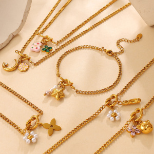 Ensembles De Bijoux Pour Femmes Daily Flower En Acier Inoxydable Étanche, Forme Irrégulière Papillon Et Lune, Couleur Or h5 Image2