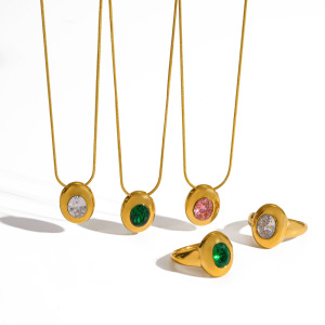 Ensembles De Colliers Pour Femmes En Acier Inoxydable Imperméable, Forme Elliptique Simple, Couleur Or, Zircon. h5 Image4