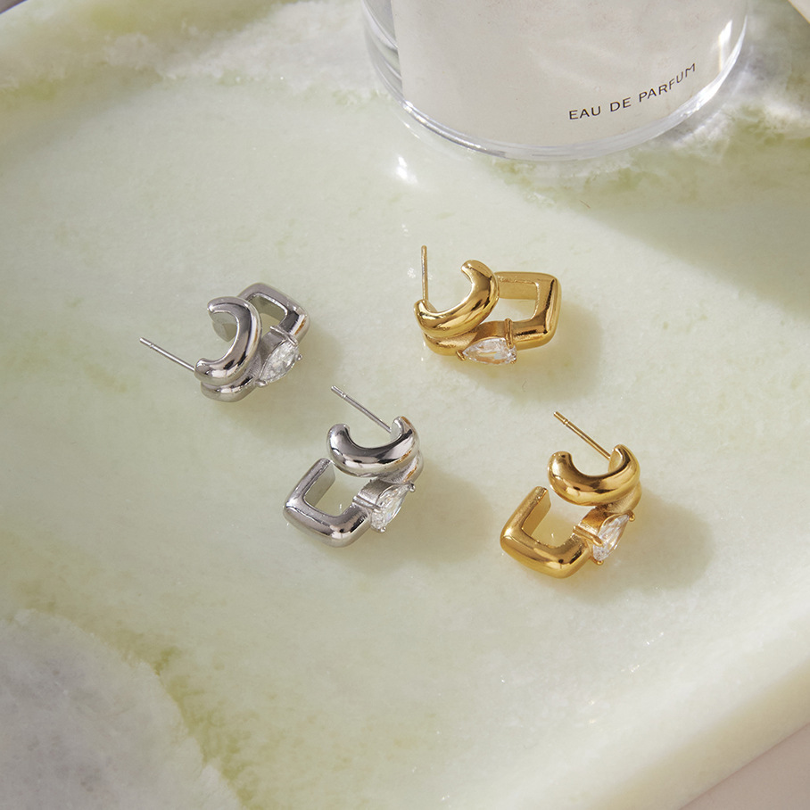Boucles D'Oreilles Puces Pour Femmes, Forme Irrégulière En Goutte Décontractée, En Acier Inoxydable Étanche, Couleur Or, Avec Zircon. h5Image4
