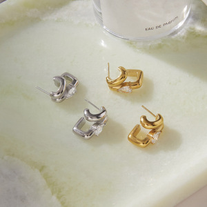 Boucles D'Oreilles Puces Pour Femmes, Forme Irrégulière En Goutte Décontractée, En Acier Inoxydable Étanche, Couleur Or, Avec Zircon. h5 Image4