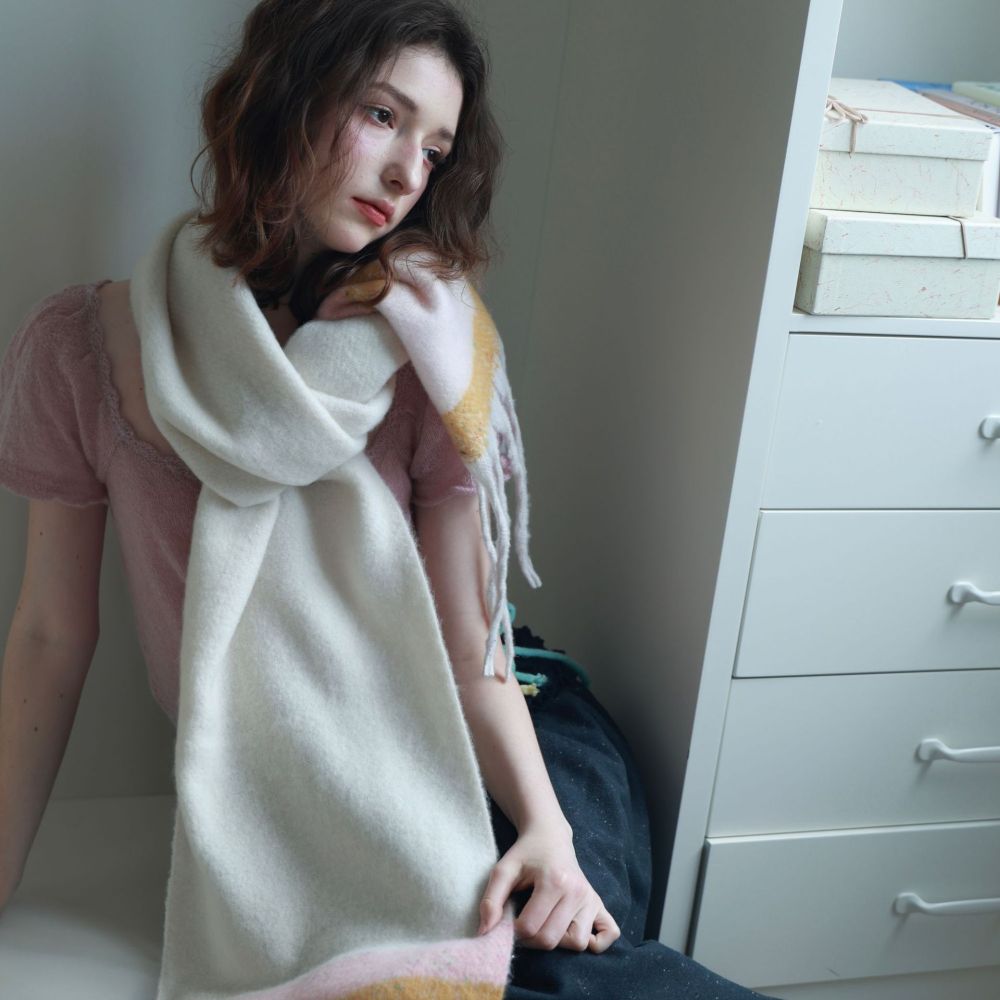 Écharpes D'Hiver Simple Series Daily Stripe À Pompons, Coloris Mélangés, En Laine Et Polyester 