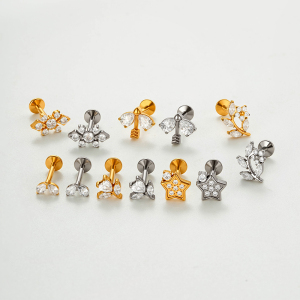 Boucles D'Oreilles Piercing Femme En Alliage De Titane Couleur Or, Forme Simple Cœur Et Étoile, Zircon. h5 Image6