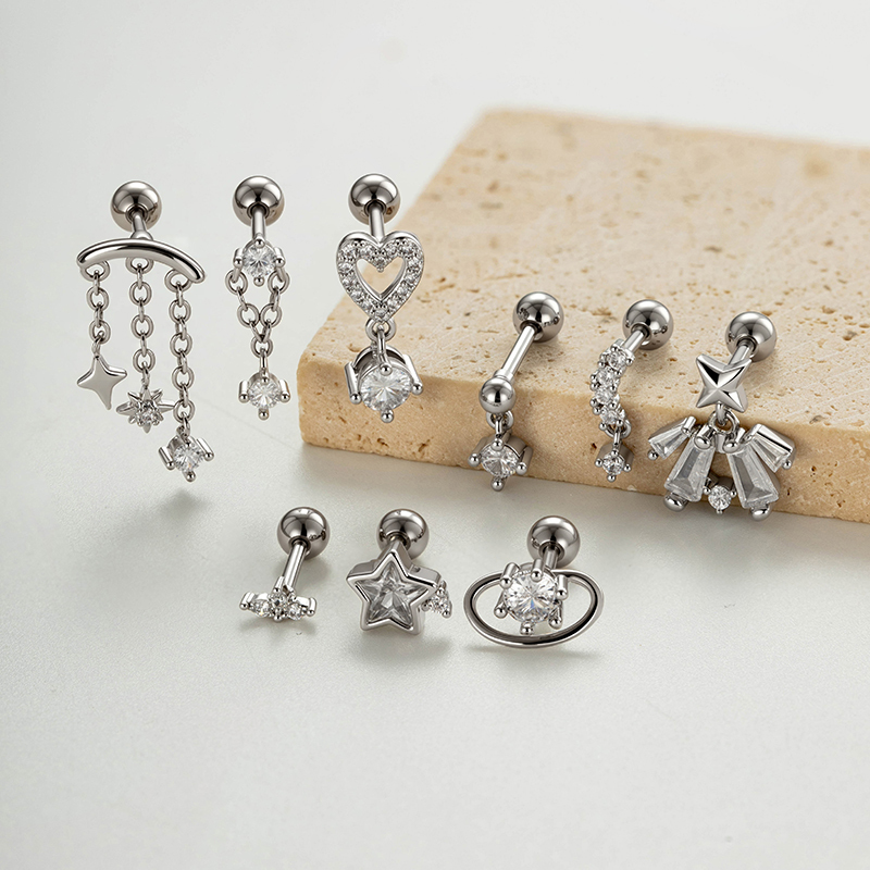 Boucles D'Oreilles Piercing Femme, Forme Simple Cœur Et Étoile, Zircon Couleur Cuivre Doré h5Image5