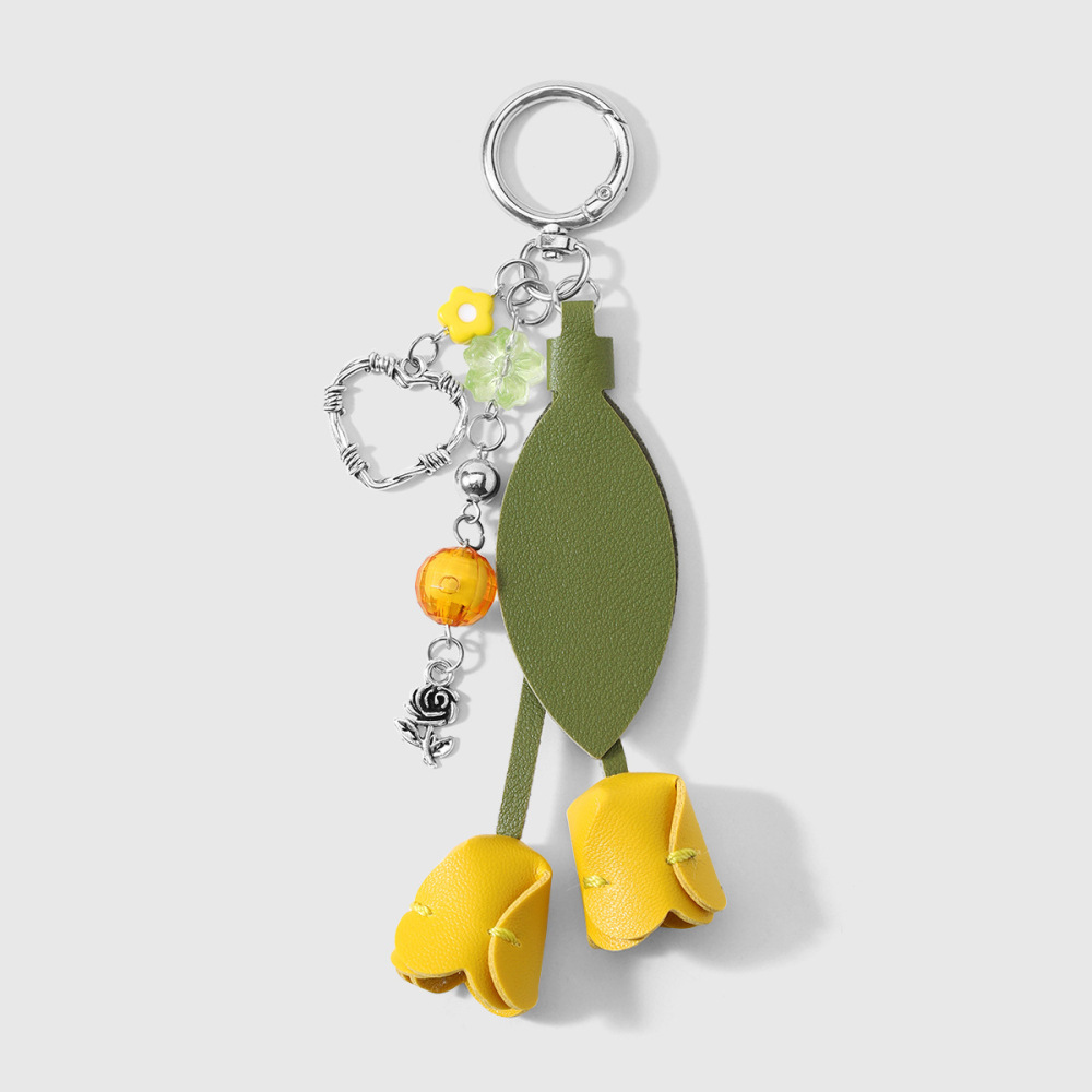 Breloques De Sac En Cuir Style Décontracté, Motif Floral, Cœur Et Feuille, Collection Simple