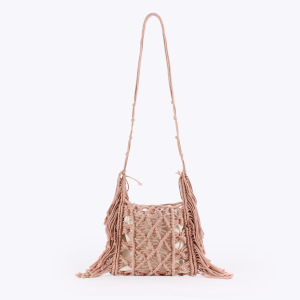 Sac Carré Pour Femme En Coton Tissé Uni À Pompons Ajourés, Style Décontracté h5 