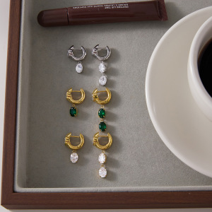 Boucles D'Oreilles Pendantes Pour Femme, En Acier Inoxydable Imperméable, Couleur Or, Forme Elliptique Simple, Ornées De Zircon. h5 Image2