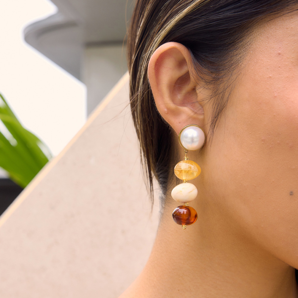 Boucles D'Oreilles Pendantes Romantiques En Acier Inoxydable, Imperméables, Couleur Or, Ornées De Perles. Collection Sweet Patchwork Circle. Image2