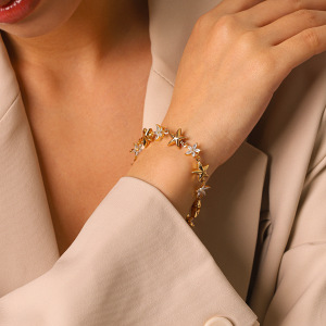 Bracelet Chaîne Pour Femme Simple Series Daily Flower Star En Acier Inoxydable, Étanche, Couleur Or, Avec Zircon. h5 Image4