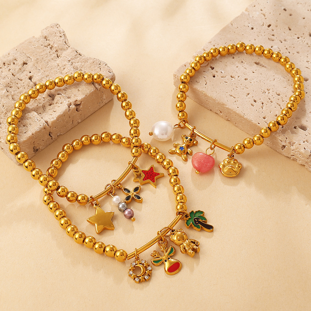 Bracelets À Breloques Simples Pour Femmes, En Acier Inoxydable, Couleur Or, Avec Motif Floral, Cœur, Animal Et Étoile. Image3
