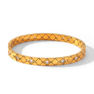 Bracelet Jonc Pour Femme Simple Series Daily Heart Ellipse Shape En Acier Inoxydable, Couleur Or, Avec Zircon, Étanche h5 