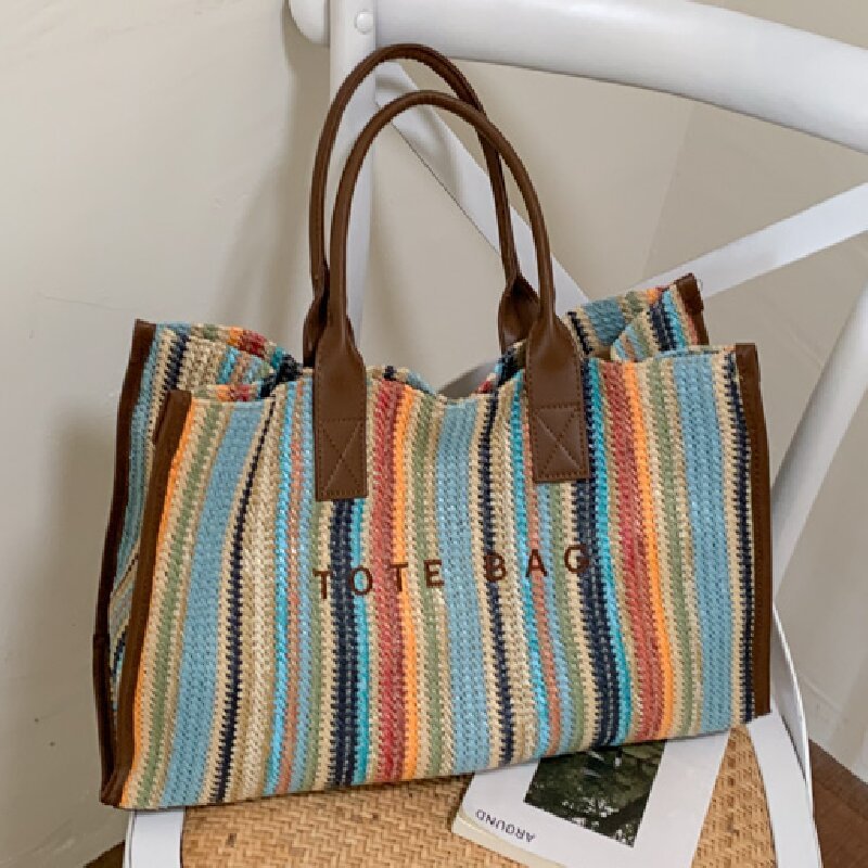 Sac Cabas Femme En Raphia Tissé À Rayures Et Lettres Multicolores, Style Décontracté 