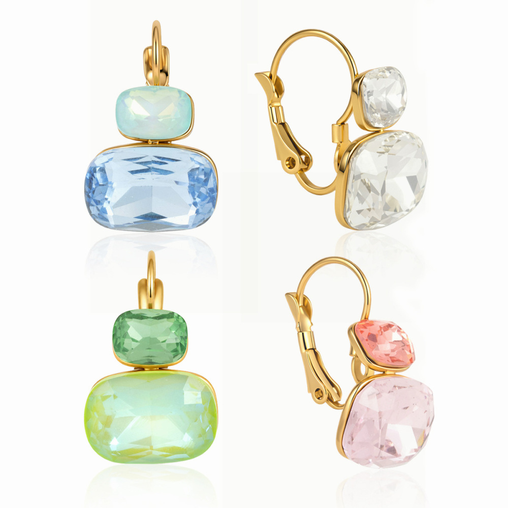 Boucles D'Oreilles Puces Pour Femmes, Style Rectangulaire, En Acier Inoxydable, Étanches, Couleur Or, Avec Zircon, Collection Luxueuse h5Image5