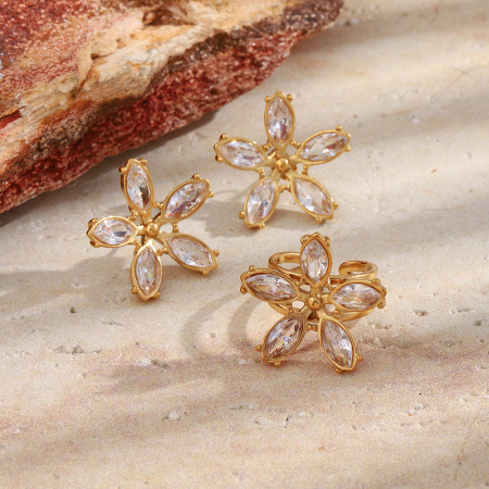 Boucles d'oreilles puces luxueuses en acier inoxydable imperméable couleur or, ornées de fleurs