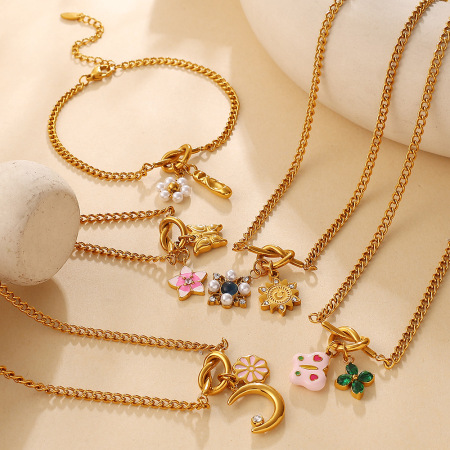 Ensembles de bijoux pour femmes Daily Flower en acier inoxydable étanche, forme irrégulière papillon et lune, couleur or