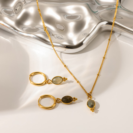 Ensembles de bijoux pour femmes en acier inoxydable doré, forme elliptique rétro, étanches, avec pierres naturelles, collection classique
