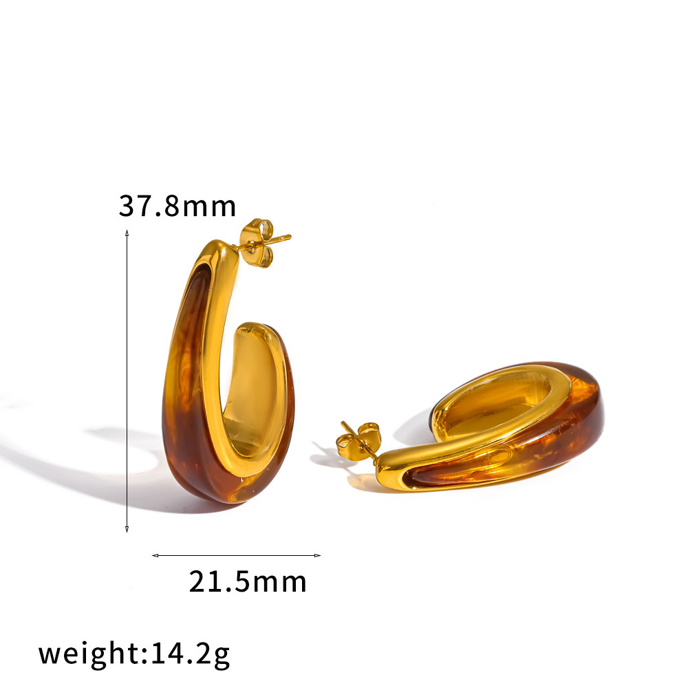 Boucles D'Oreilles Puces Rétro En Forme De C, En Acier Inoxydable, Imperméables, Couleur Or Et Acrylique, Pour Femmes