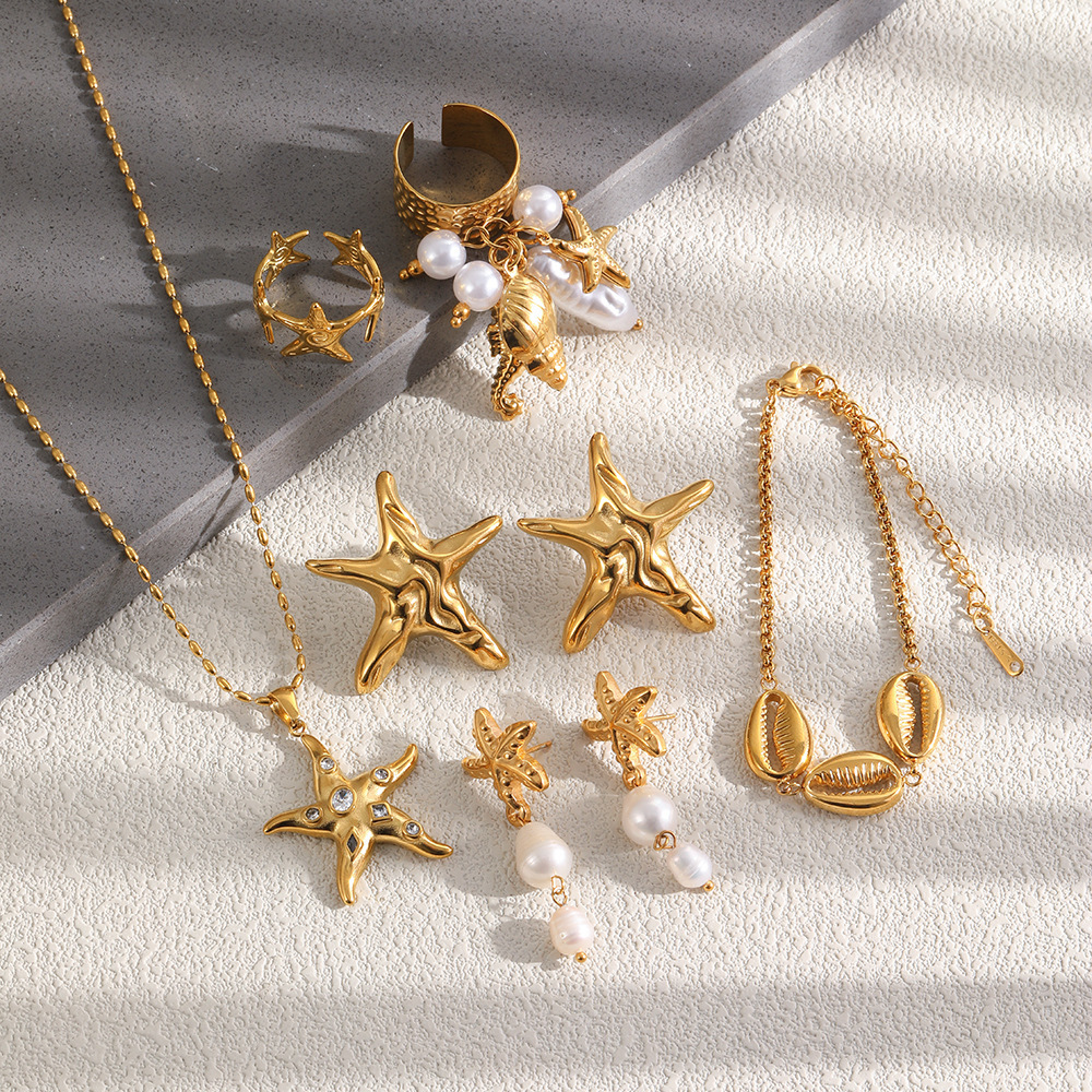 Ensembles De Colliers Pour Femmes Style Océanique, Étoiles De Mer, En Acier Inoxydable, Étanches, Couleur Or, Strass Et Perles Image2