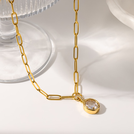 Colliers pendentifs pour femmes, luxueux et élégants, en forme d'ellipse, en acier inoxydable étanche, couleur or, ornés de zircon. 2