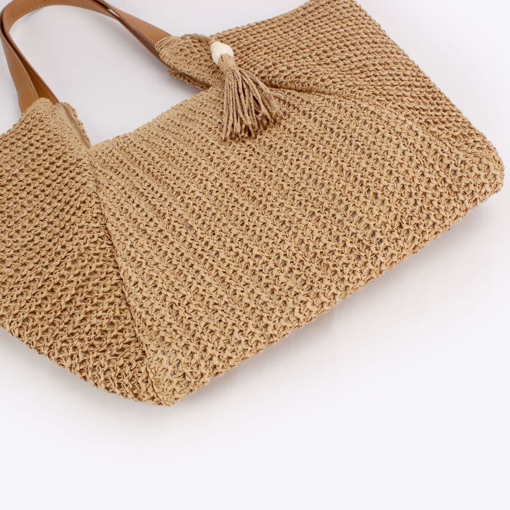Sac Carré Femme En Raphia Tissé Uni À Pompons, Style Vacances h5Image5