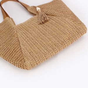 Sac Carré Femme En Raphia Tissé Uni À Pompons, Style Vacances h5 Image5