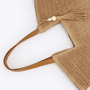Sac Carré Femme En Raphia Tissé Uni À Pompons, Style Vacances h5 Image3