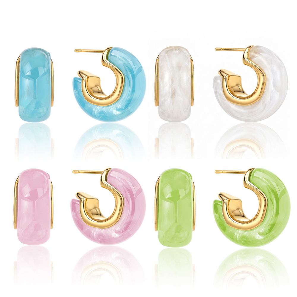 Boucles D'Oreilles Puces Pour Femmes, Style Rétro, Rondes, Dégradé De Couleurs, En Acier Inoxydable, Étanches, Couleur Or Et Acrylique. Image5