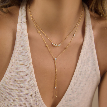 Colliers superposés pour femmes, collection Simple Series Daily Tassel Chain, en acier inoxydable, couleur or, avec zircon, étanches. 2