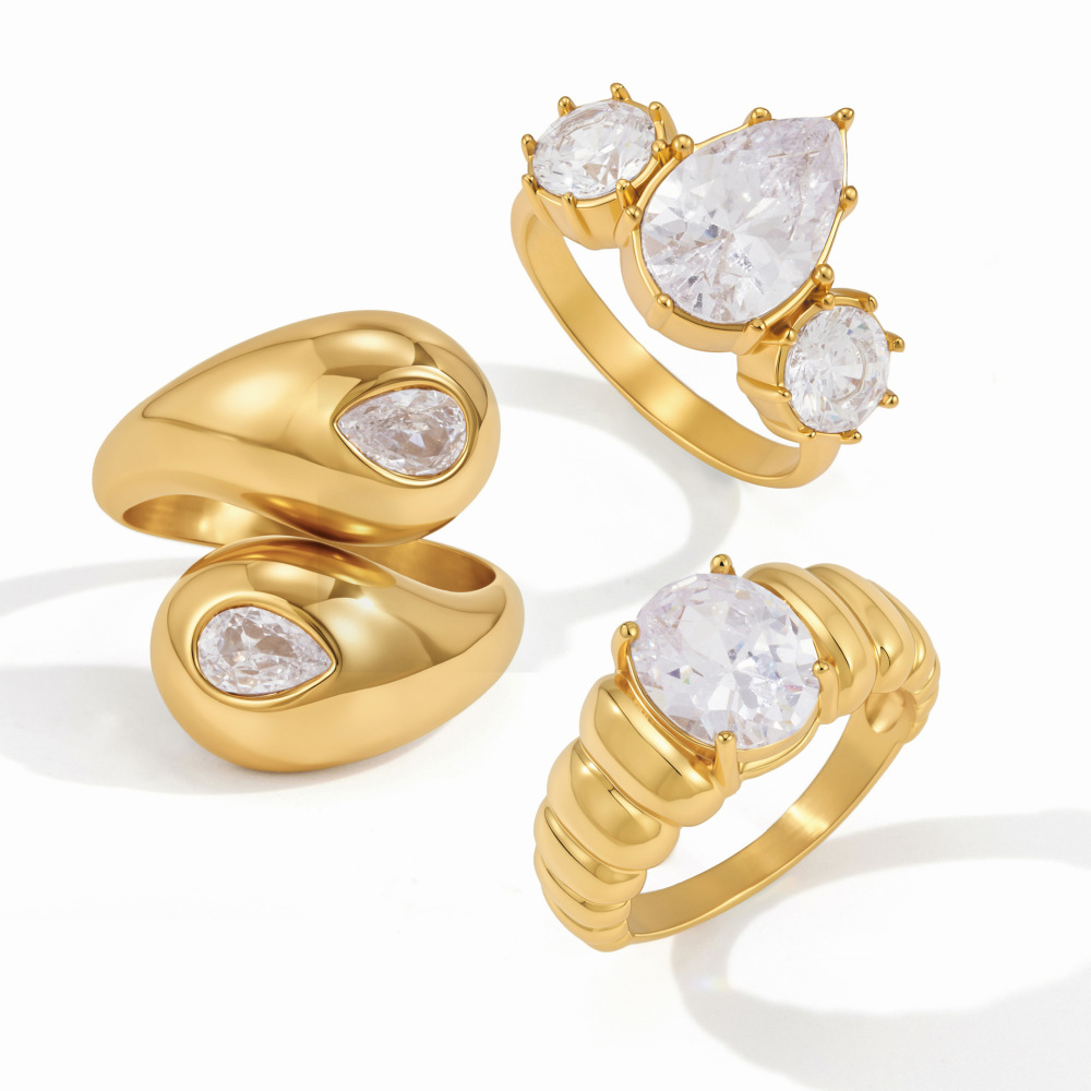 Bague Pour Femme En Acier Inoxydable Étanche, Forme Elliptique Simple, Couleur Or, Sertie D'Un Zircon. Image4