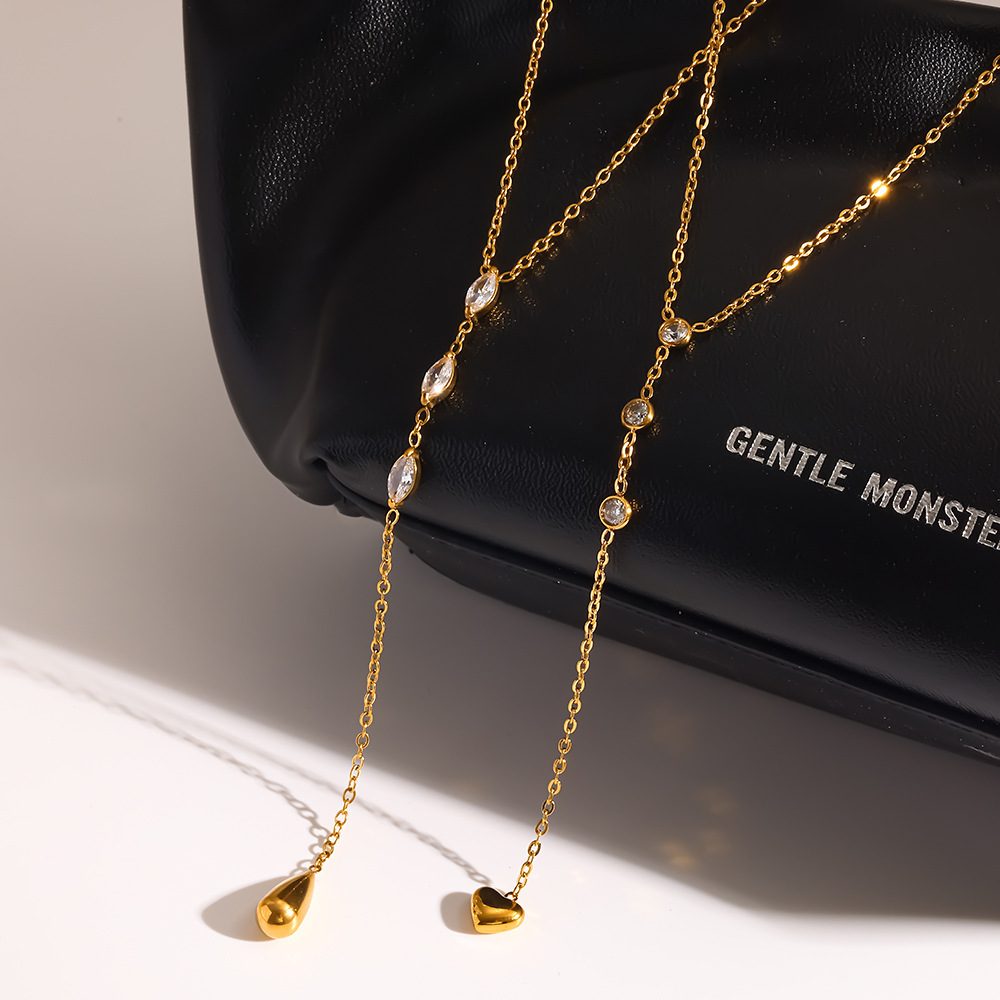 Collier Pendentif Élégant En Forme De Cœur Et Goutte D'Eau, En Acier Inoxydable Étanche, Couleur Or, Avec Zircon. Image2