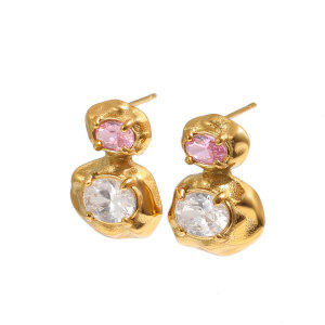 Boucles D'Oreilles Puces Pour Femmes, Style Rétro, En Acier Inoxydable, Imperméables, Couleur Or, Avec Motif Martelé Et Zircon. Collection Classique. h5 Image4