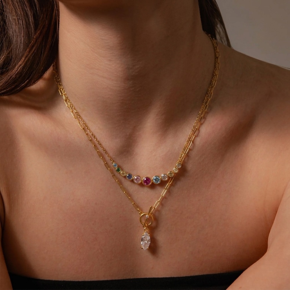 Colliers Pendentifs Pour Femmes, Luxueux, Rétro, Patchwork, Cercle, Acier Inoxydable, Couleur Or, Zircon, Étanches Image3