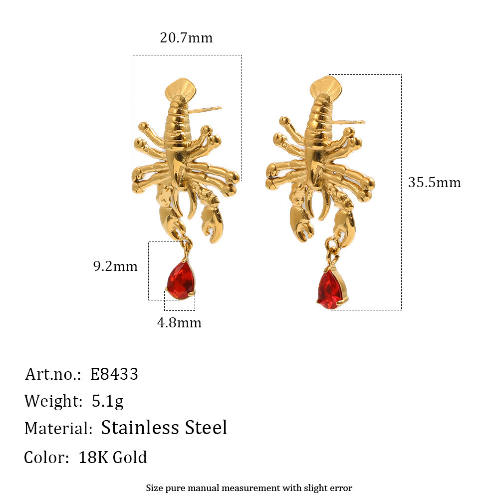 Boucles D'Oreilles Puces Pour Femmes, Style Vacances Océanique, En Forme De Homard, En Acier Inoxydable Étanche, Couleur Or Et Zircon. 