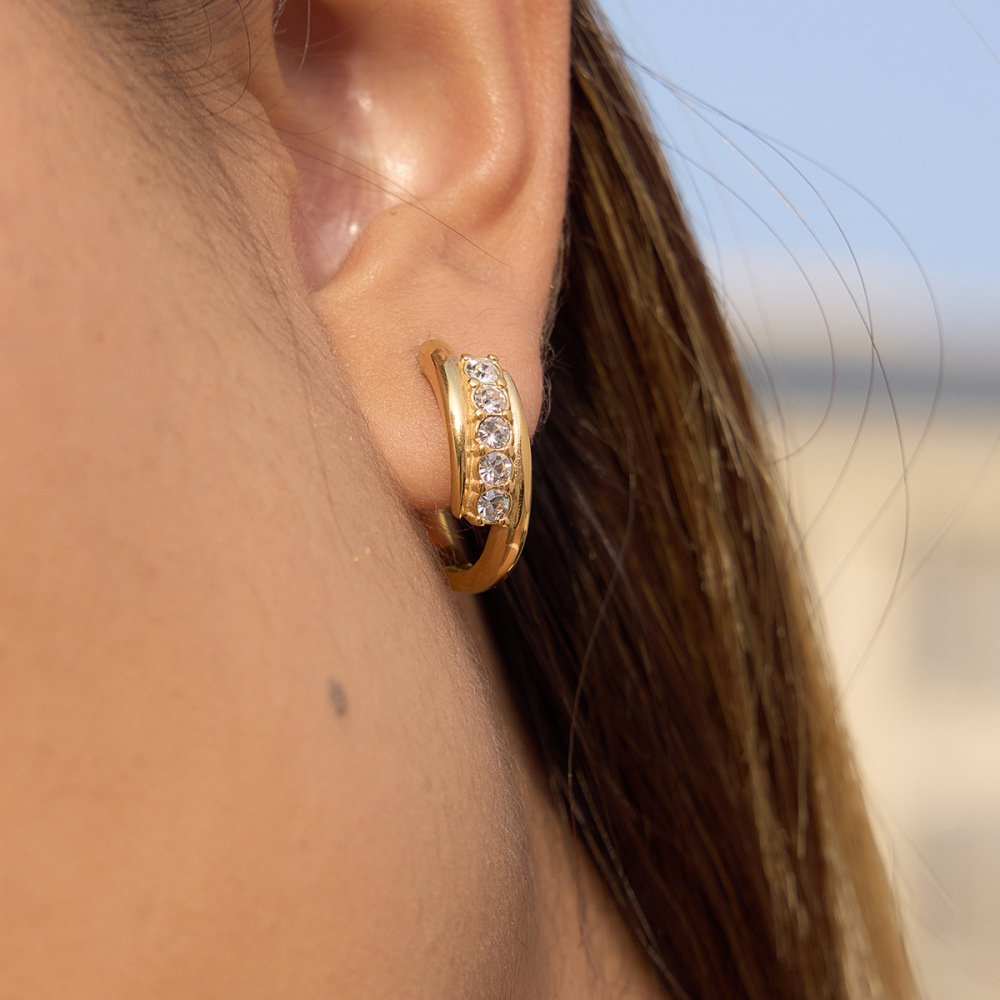 Boucles D'Oreilles Créoles Rectangulaires Pour Femmes, En Acier Inoxydable Étanche, Couleur Or, Avec Zircon. Image3