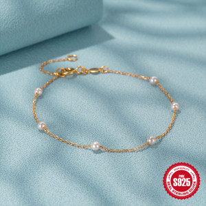 Bracelet Élégant En Argent Sterling 925 Couleur Or, Orné D'Une Perle, Collection Simple Series. h5 Image3