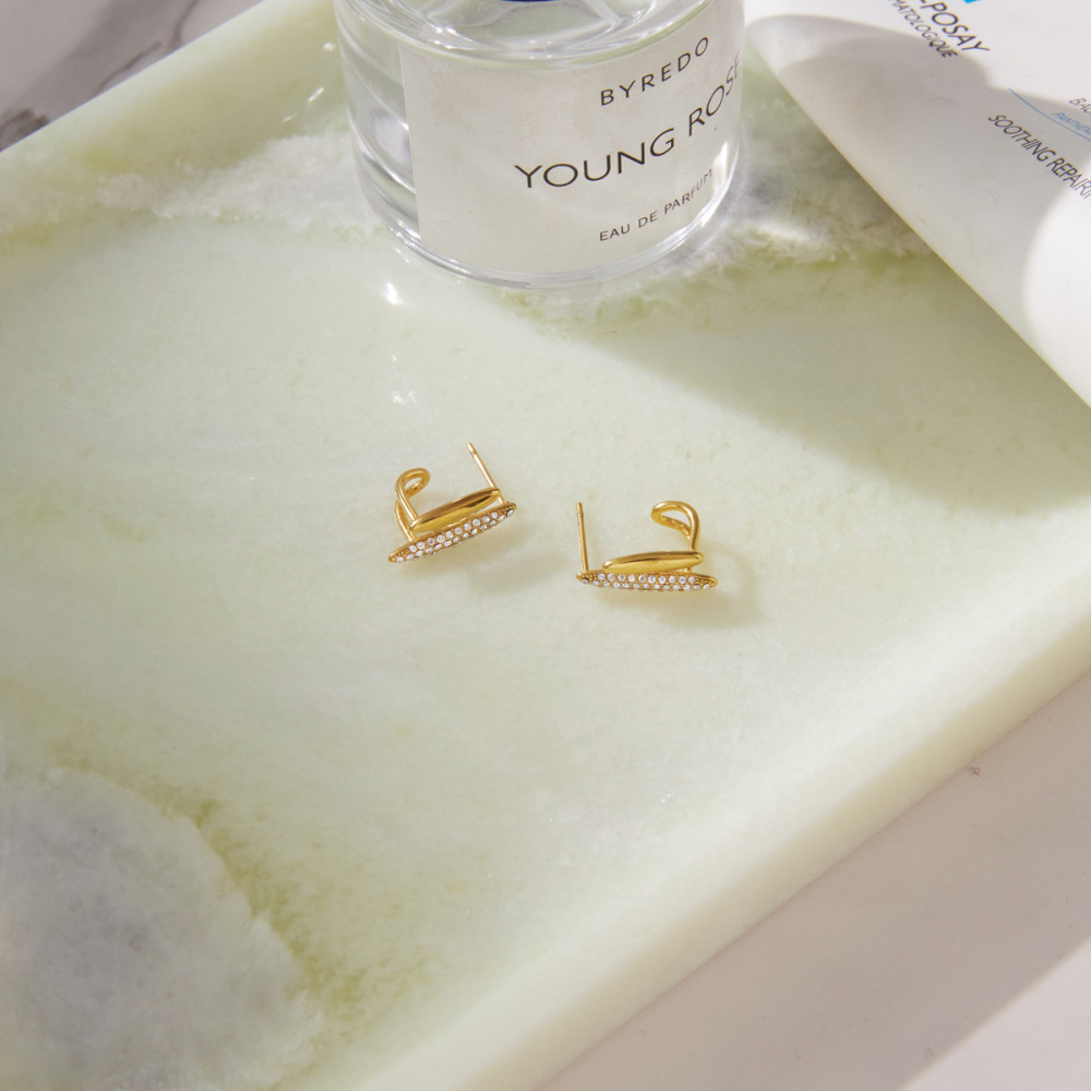 Boucles D'Oreilles Puces Pour Femmes, Forme Elliptique Simple Et Décontractée, En Acier Inoxydable Étanche, Couleur Or, Avec Zircon. h5Image3