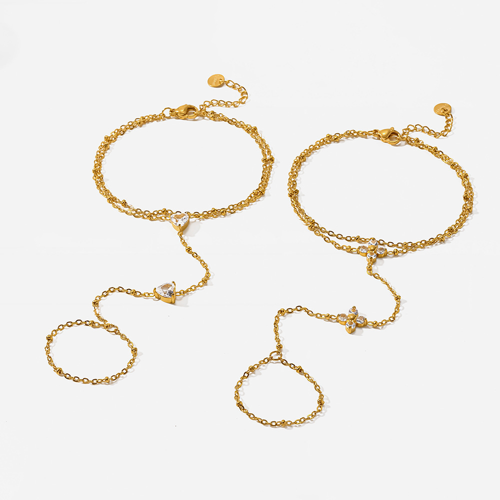 Chaîne De Poignet Pour Femme, Élégante, En Acier Inoxydable, Couleur Or, Avec Zircon Et Fleur En Forme De Cœur, Collection Romantique Image4