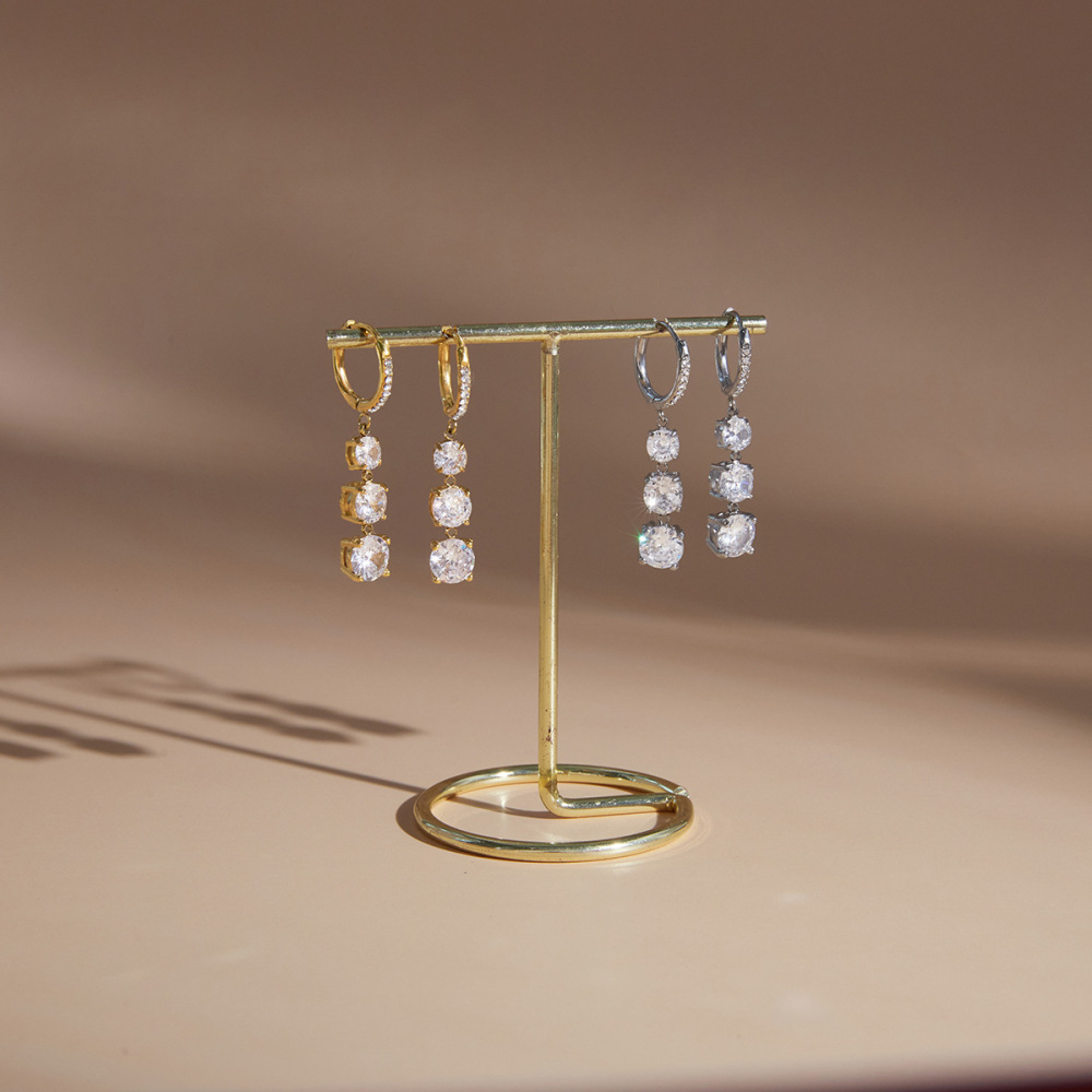 Boucles D'Oreilles Pendantes Pour Femme, Luxueuses Et Simples, En Acier Inoxydable, Couleur Or, Avec Zircon Et Chaîne Ronde, Étanches. Image4