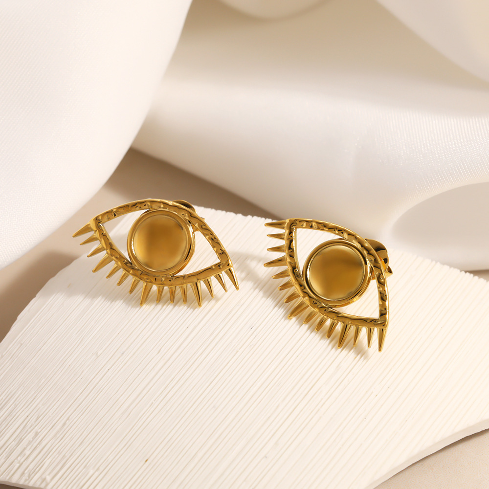 Boucles D'Oreilles Puces Pour Femmes, Style Rétro Œil De Diable, En Acier Inoxydable Étanche, Couleur Or, Collection Classique Image2