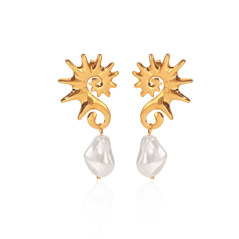 Boucles D'Oreilles Pendantes Pour Femme, Style Océanique, En Acier Inoxydable Doré Avec Perles Artificielles, Collection Simple Series. 
