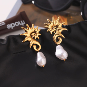 Boucles D'Oreilles Pendantes Pour Femme, Style Océanique, En Acier Inoxydable Doré Avec Perles Artificielles, Collection Simple Series. h5 Image5