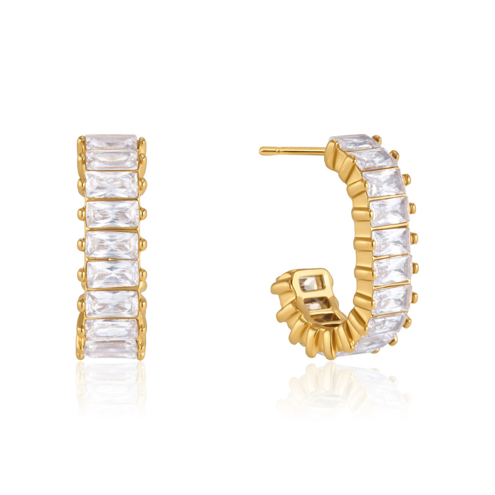 Boucles D'Oreilles Puces Pour Femmes, Collection Luxueuse, Forme Rectangulaire Simple, En Acier Inoxydable, Étanches, Couleur Or, Avec Zircon. Image4