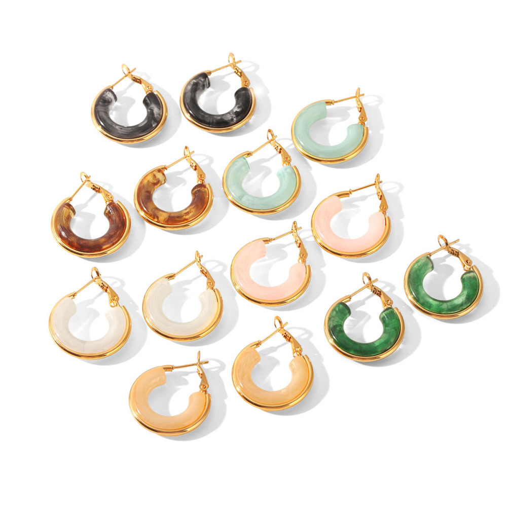 Boucles D'Oreilles Créoles Rondes En Résine Dorée Pour Femmes Image5